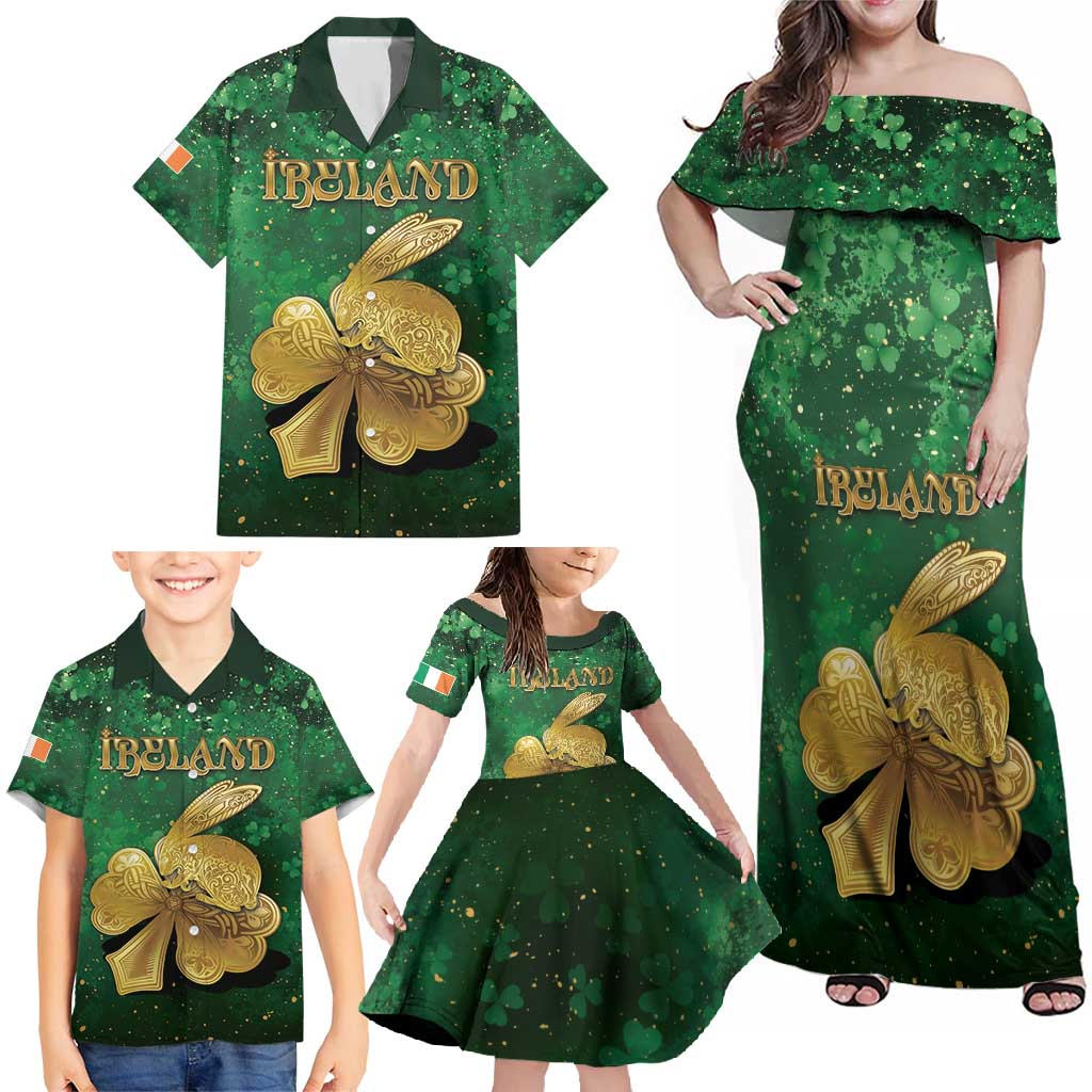 Personalized Ireland Family Matching Off Shoulder Maxi Dress and Hawaiian Shirt The Shamrock With The Irish Hare Patterns - Wonder Print Shop