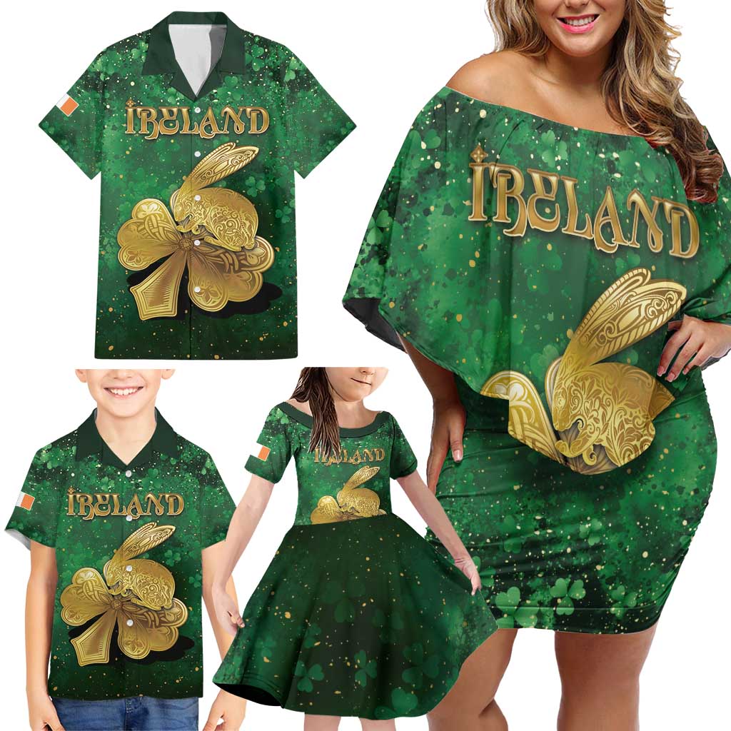 Personalized Ireland Family Matching Off Shoulder Short Dress and Hawaiian Shirt The Shamrock With The Irish Hare Patterns - Wonder Print Shop