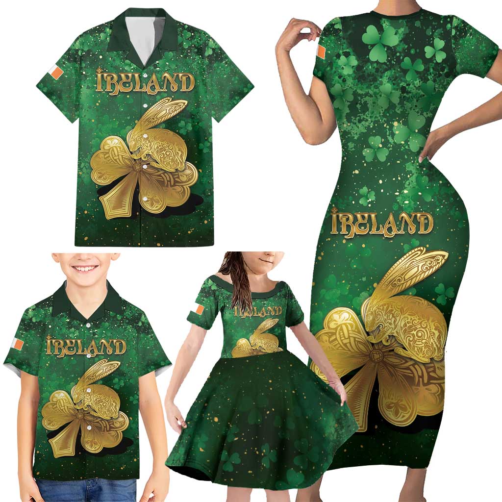 Personalized Ireland Family Matching Short Sleeve Bodycon Dress and Hawaiian Shirt The Shamrock With The Irish Hare Patterns - Wonder Print Shop