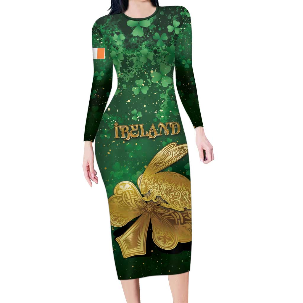 Personalized Ireland Long Sleeve Bodycon Dress The Shamrock With The Irish Hare Patterns - Wonder Print Shop