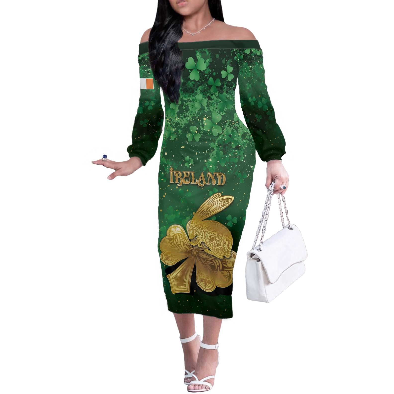 Personalized Ireland Off The Shoulder Long Sleeve Dress The Shamrock With The Irish Hare Patterns - Wonder Print Shop