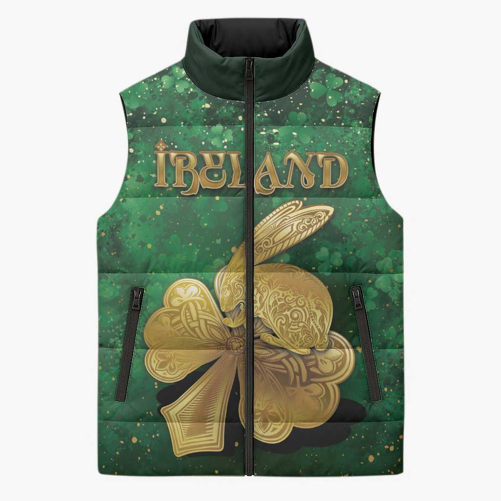 Personalized Ireland Sleeveless Puffer Jacket The Shamrock With The Irish Hare Patterns - Wonder Print Shop
