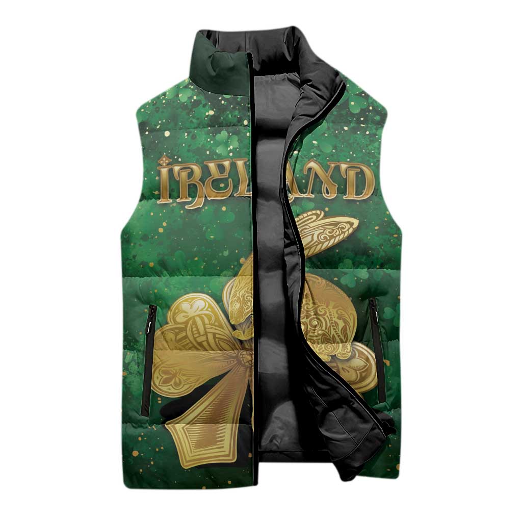 Personalized Ireland Sleeveless Puffer Jacket The Shamrock With The Irish Hare Patterns - Wonder Print Shop
