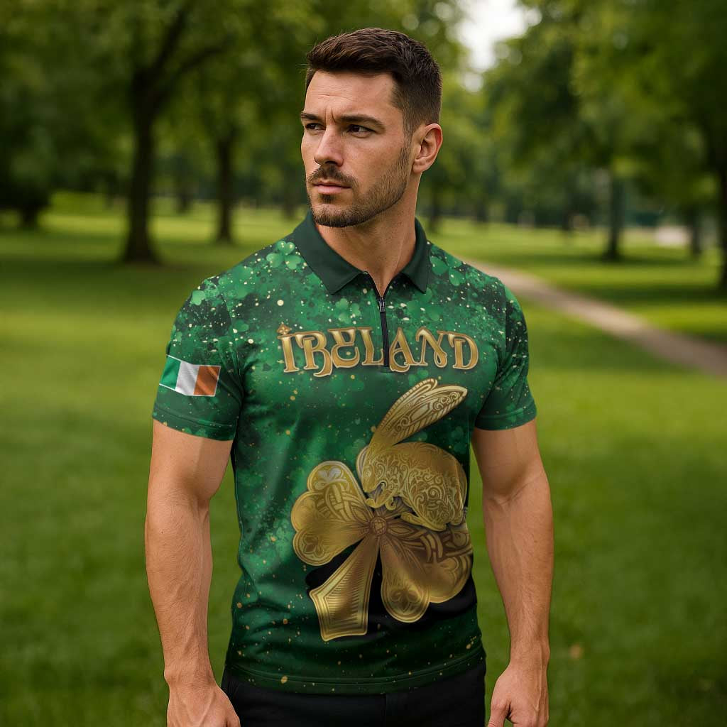 Personalized Ireland Zipper Polo Shirt The Shamrock With The Irish Hare Patterns - Wonder Print Shop