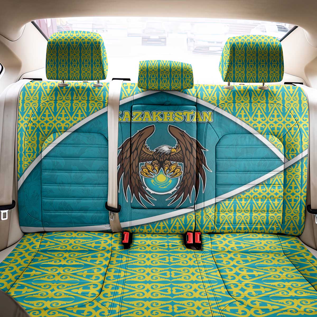 Kazakhstan Back Car Seat Cover The Eagle With Kazakh Patterns - Wonder Print Shop