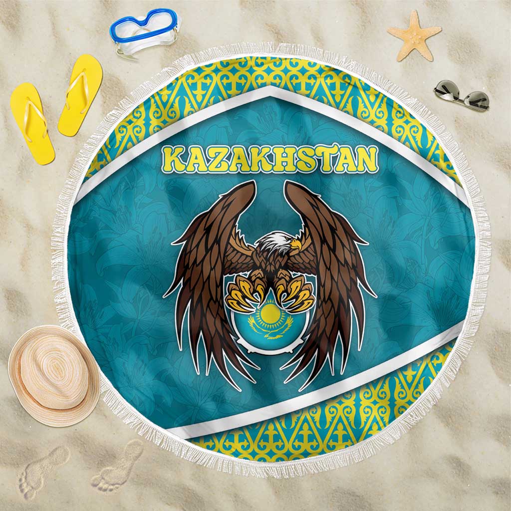 Kazakhstan Beach Blanket The Eagle With Kazakh Patterns - Wonder Print Shop