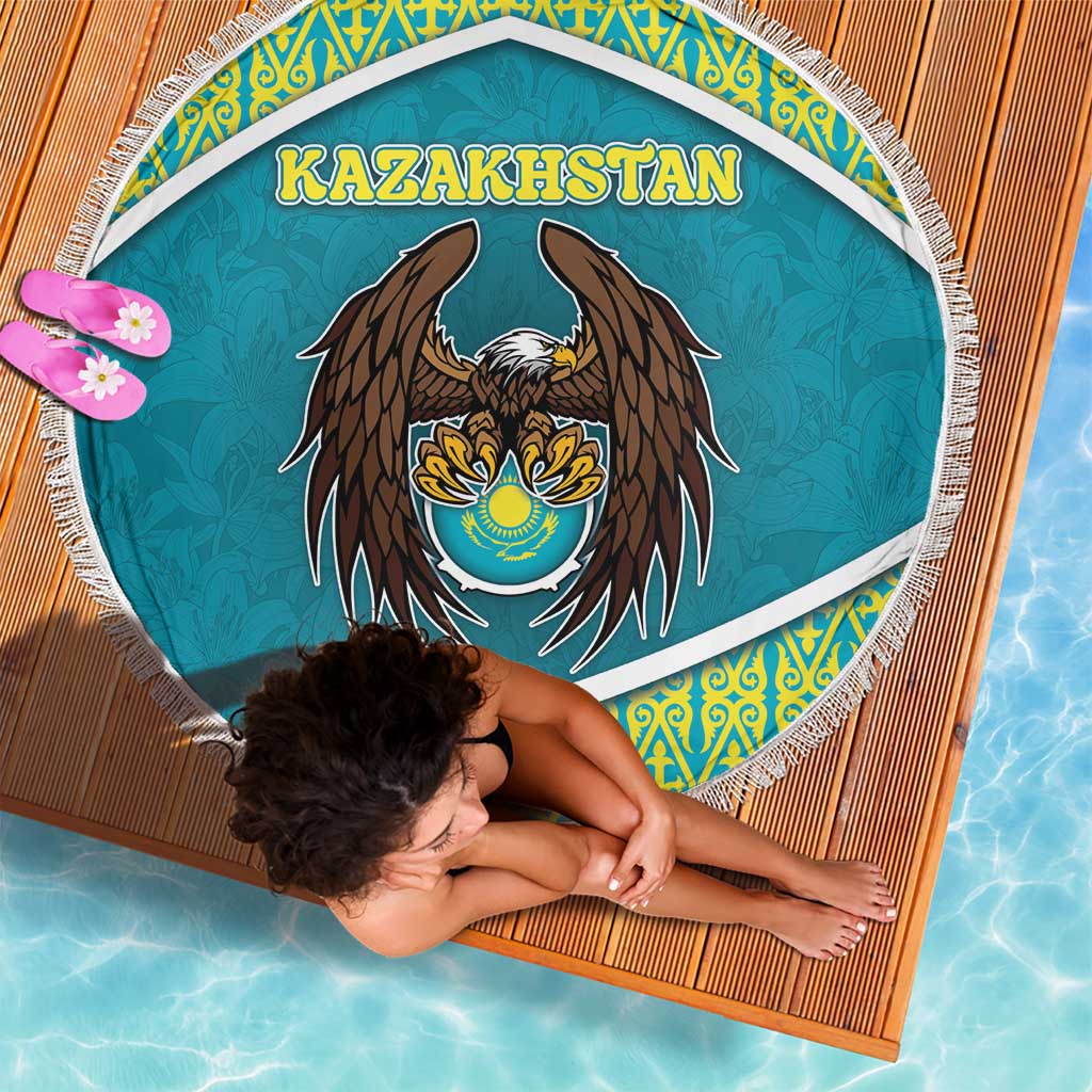 Kazakhstan Beach Blanket The Eagle With Kazakh Patterns - Wonder Print Shop