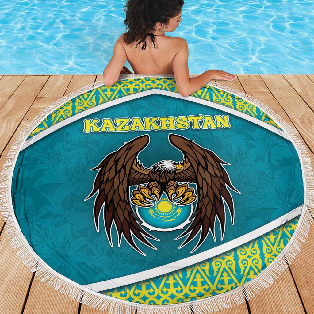 Kazakhstan Beach Blanket The Eagle With Kazakh Patterns - Wonder Print Shop