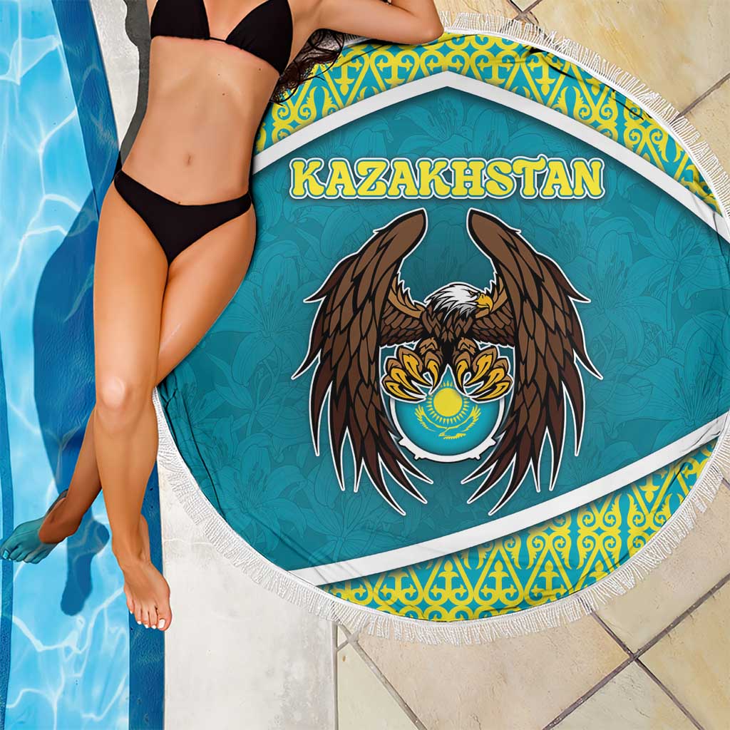 Kazakhstan Beach Blanket The Eagle With Kazakh Patterns - Wonder Print Shop