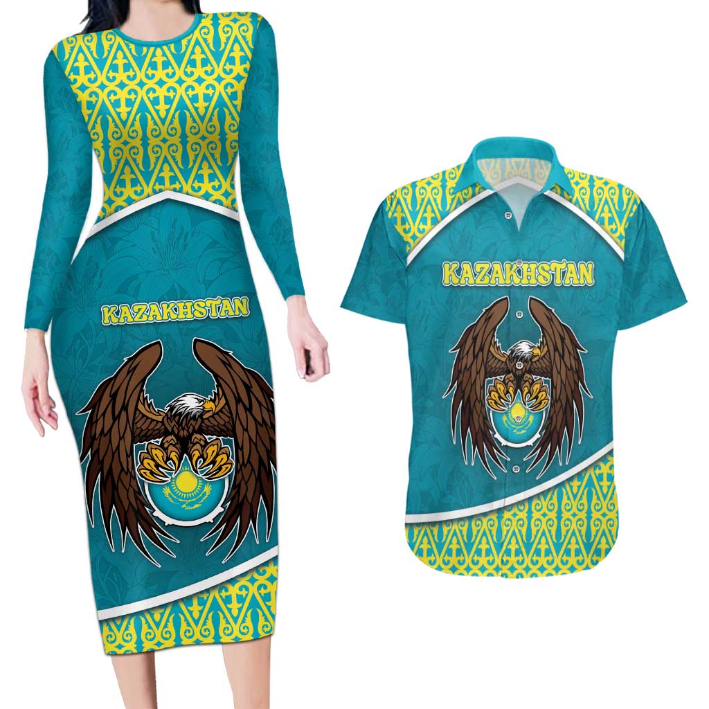 Personalized Kazakhstan Couples Matching Long Sleeve Bodycon Dress and Hawaiian Shirt The Eagle With Kazakh Patterns - Wonder Print Shop