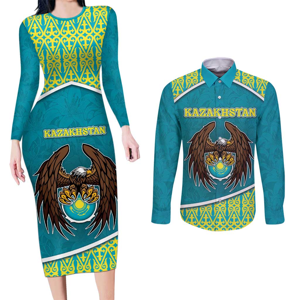 Personalized Kazakhstan Couples Matching Long Sleeve Bodycon Dress and Long Sleeve Button Shirt The Eagle With Kazakh Patterns - Wonder Print Shop