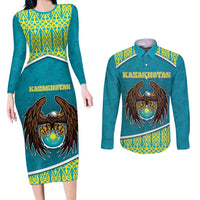 Personalized Kazakhstan Couples Matching Long Sleeve Bodycon Dress and Long Sleeve Button Shirt The Eagle With Kazakh Patterns - Wonder Print Shop