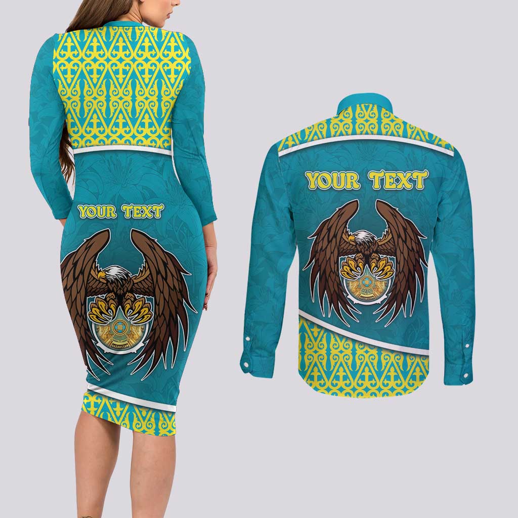 Personalized Kazakhstan Couples Matching Long Sleeve Bodycon Dress and Long Sleeve Button Shirt The Eagle With Kazakh Patterns - Wonder Print Shop