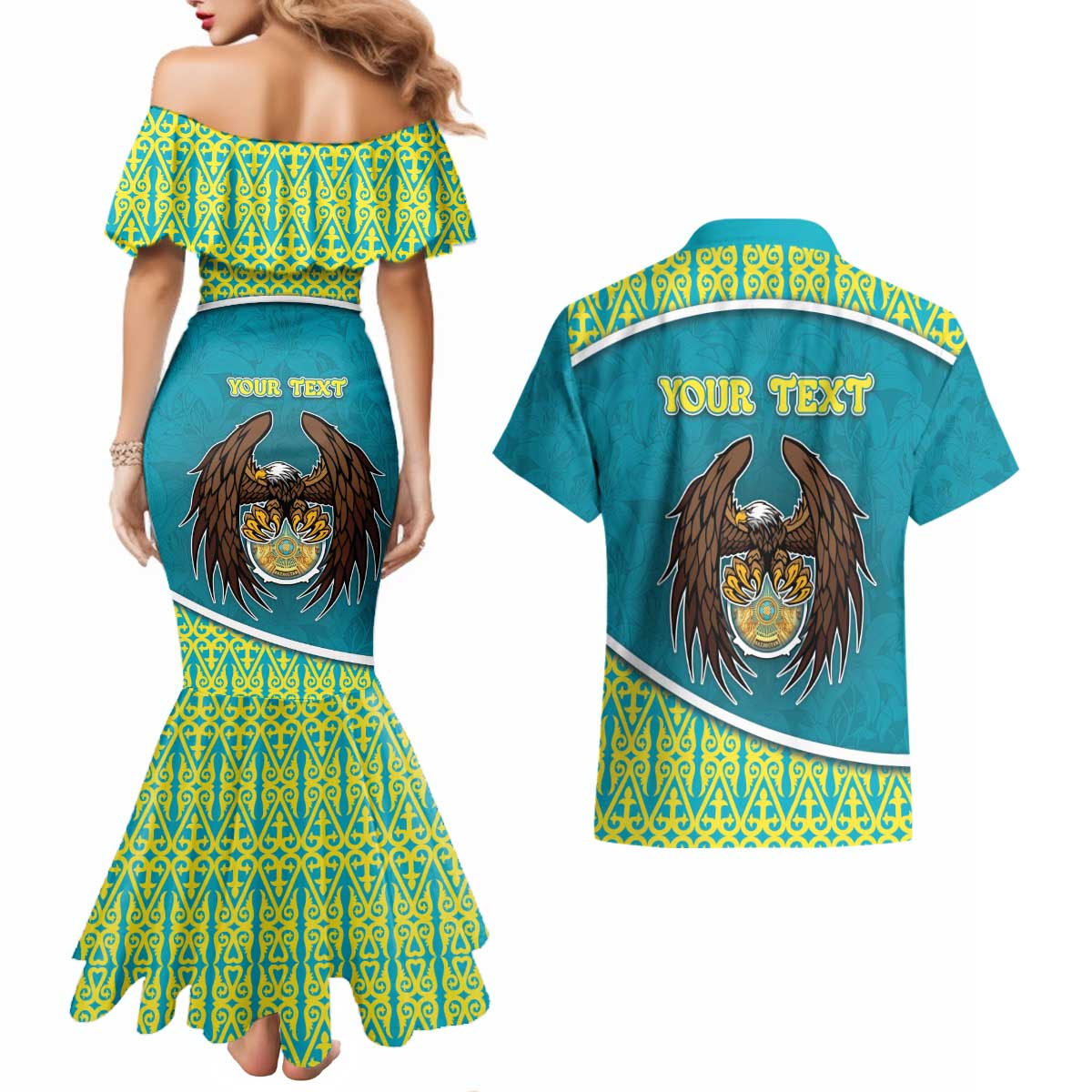 Personalized Kazakhstan Couples Matching Mermaid Dress and Hawaiian Shirt The Eagle With Kazakh Patterns - Wonder Print Shop