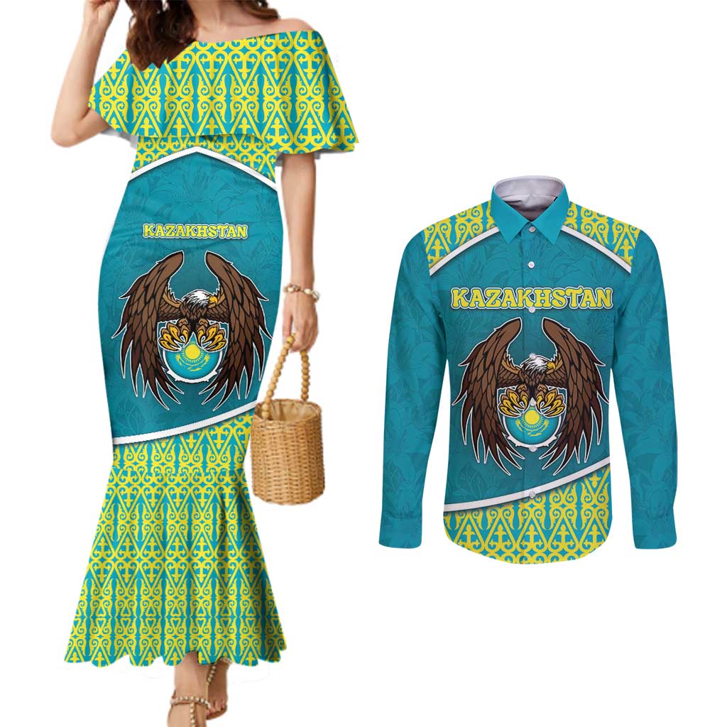 Personalized Kazakhstan Couples Matching Mermaid Dress and Long Sleeve Button Shirt The Eagle With Kazakh Patterns - Wonder Print Shop