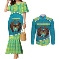 Personalized Kazakhstan Couples Matching Mermaid Dress and Long Sleeve Button Shirt The Eagle With Kazakh Patterns - Wonder Print Shop
