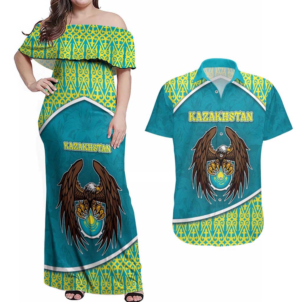 Personalized Kazakhstan Couples Matching Off Shoulder Maxi Dress and Hawaiian Shirt The Eagle With Kazakh Patterns - Wonder Print Shop