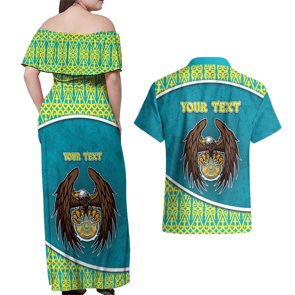 Personalized Kazakhstan Couples Matching Off Shoulder Maxi Dress and Hawaiian Shirt The Eagle With Kazakh Patterns - Wonder Print Shop