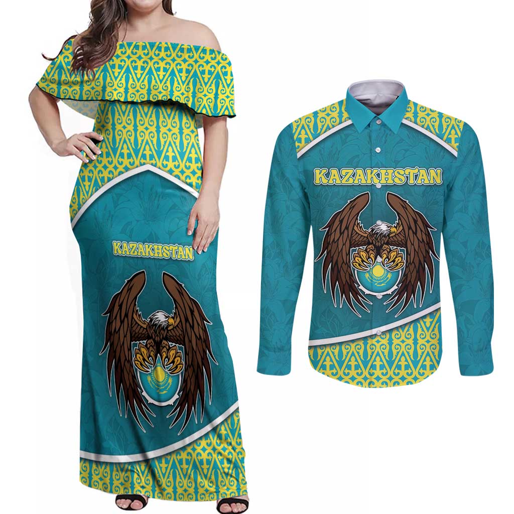 Personalized Kazakhstan Couples Matching Off Shoulder Maxi Dress and Long Sleeve Button Shirt The Eagle With Kazakh Patterns - Wonder Print Shop