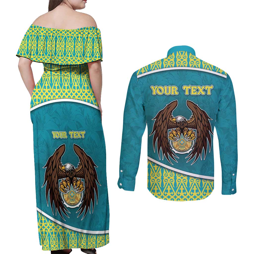 Personalized Kazakhstan Couples Matching Off Shoulder Maxi Dress and Long Sleeve Button Shirt The Eagle With Kazakh Patterns - Wonder Print Shop