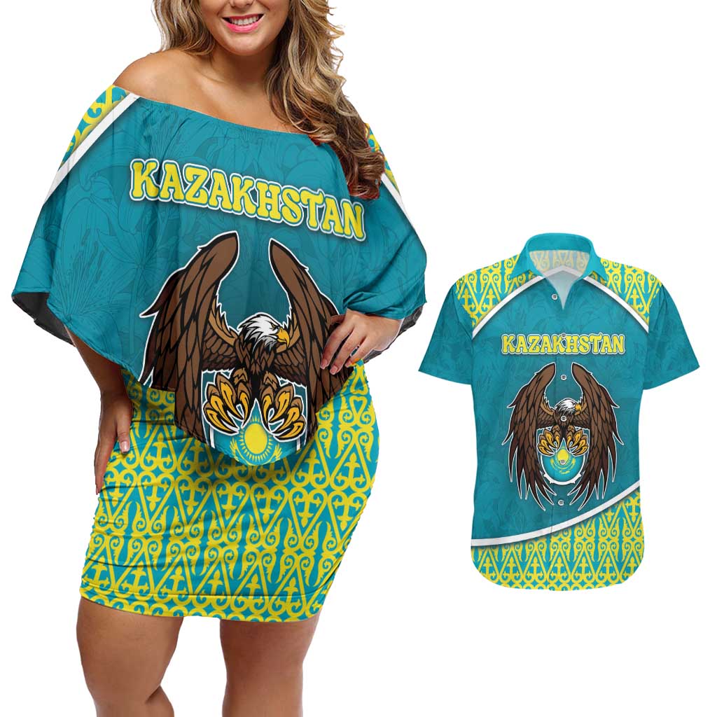 Personalized Kazakhstan Couples Matching Off Shoulder Short Dress and Hawaiian Shirt The Eagle With Kazakh Patterns - Wonder Print Shop