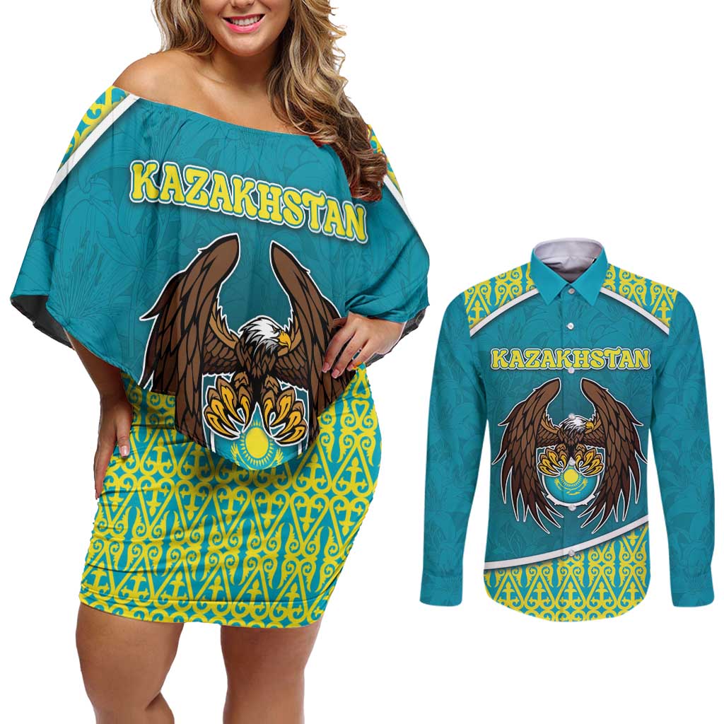 Personalized Kazakhstan Couples Matching Off Shoulder Short Dress and Long Sleeve Button Shirt The Eagle With Kazakh Patterns - Wonder Print Shop