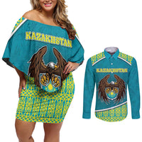 Personalized Kazakhstan Couples Matching Off Shoulder Short Dress and Long Sleeve Button Shirt The Eagle With Kazakh Patterns - Wonder Print Shop
