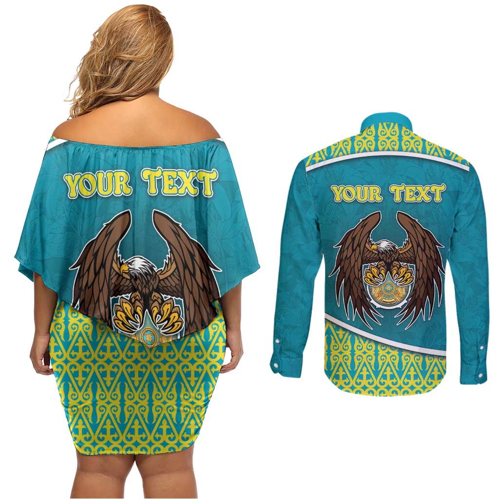 Personalized Kazakhstan Couples Matching Off Shoulder Short Dress and Long Sleeve Button Shirt The Eagle With Kazakh Patterns - Wonder Print Shop