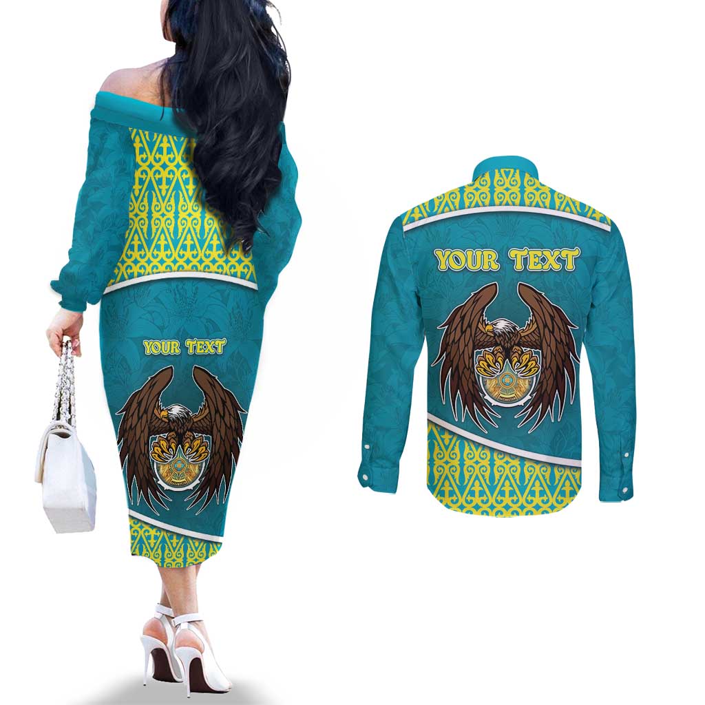 Personalized Kazakhstan Couples Matching Off The Shoulder Long Sleeve Dress and Long Sleeve Button Shirt The Eagle With Kazakh Patterns - Wonder Print Shop