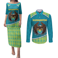 Personalized Kazakhstan Couples Matching Puletasi and Long Sleeve Button Shirt The Eagle With Kazakh Patterns - Wonder Print Shop