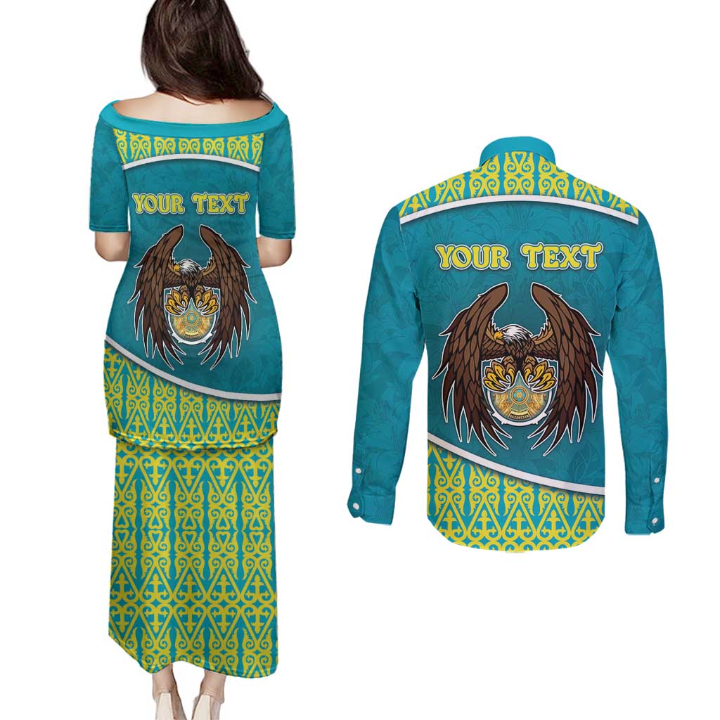 Personalized Kazakhstan Couples Matching Puletasi and Long Sleeve Button Shirt The Eagle With Kazakh Patterns - Wonder Print Shop