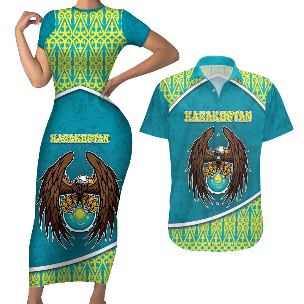 Personalized Kazakhstan Couples Matching Short Sleeve Bodycon Dress and Hawaiian Shirt The Eagle With Kazakh Patterns - Wonder Print Shop