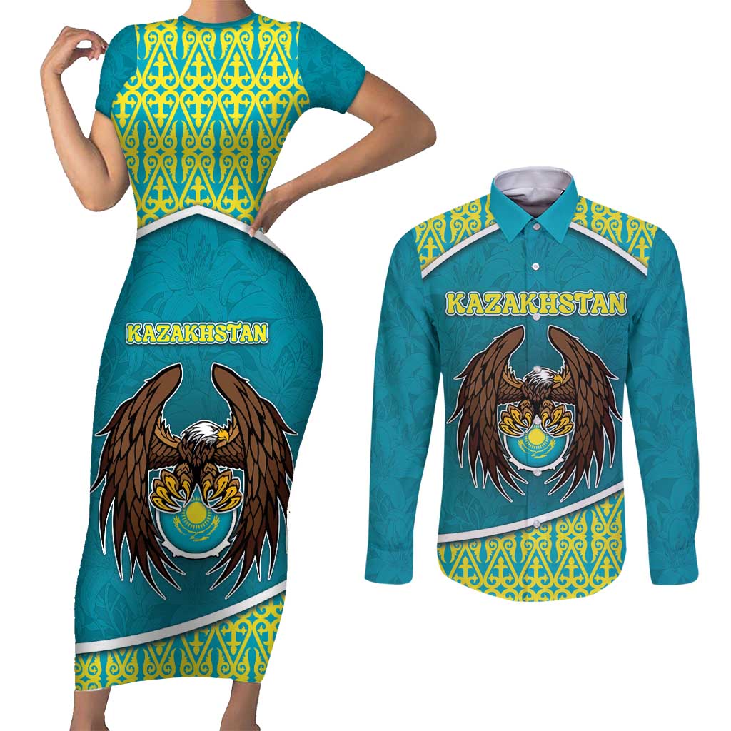 Personalized Kazakhstan Couples Matching Short Sleeve Bodycon Dress and Long Sleeve Button Shirt The Eagle With Kazakh Patterns - Wonder Print Shop