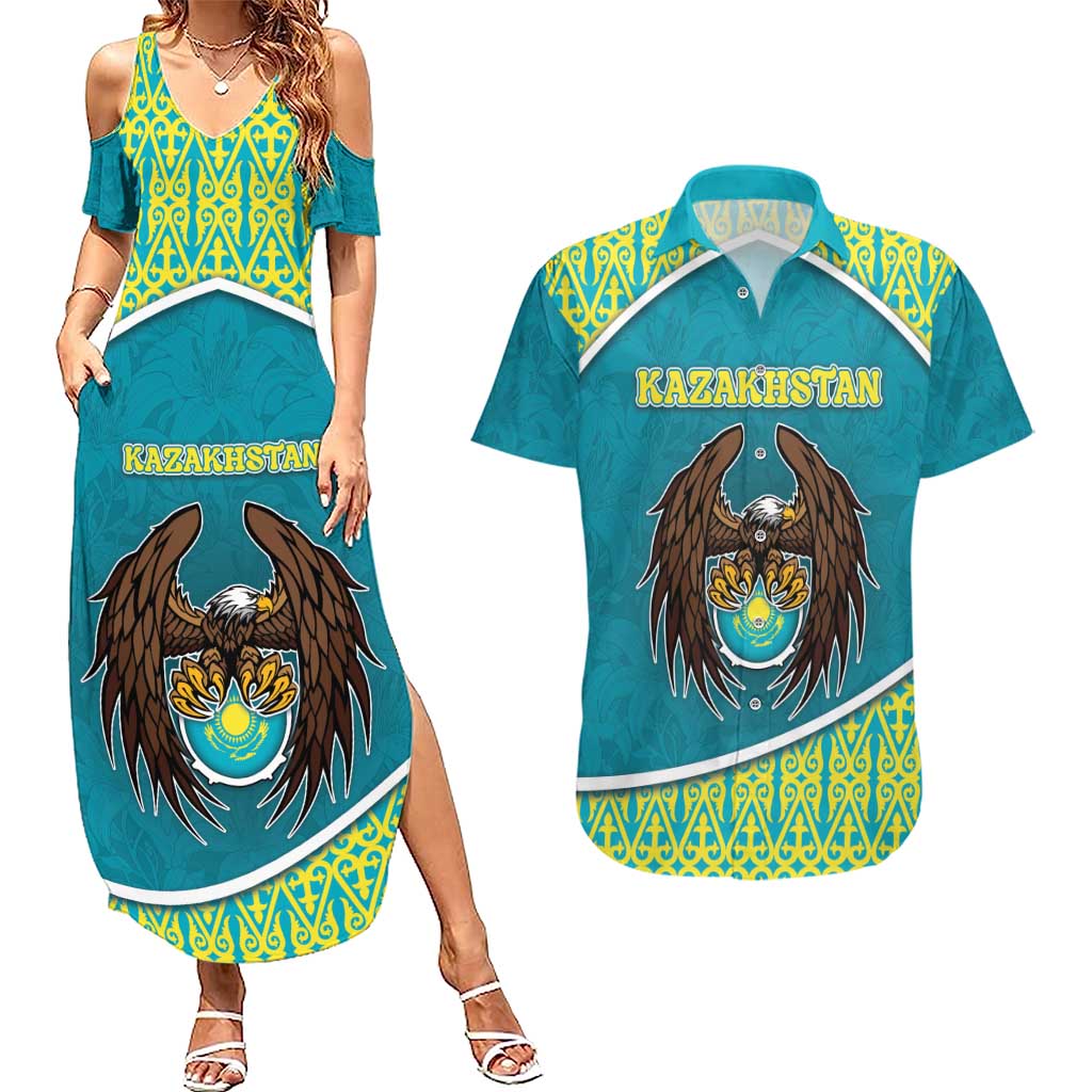 Personalized Kazakhstan Couples Matching Summer Maxi Dress and Hawaiian Shirt The Eagle With Kazakh Patterns - Wonder Print Shop