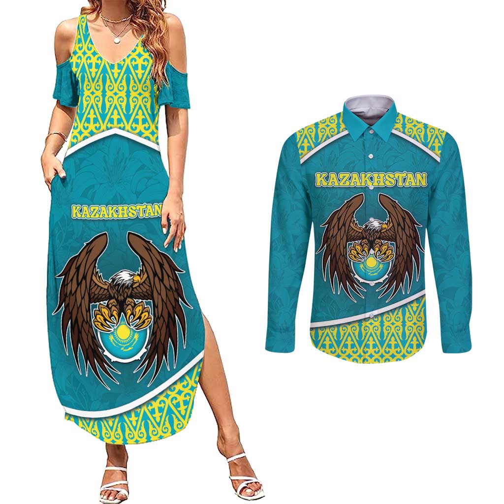 Personalized Kazakhstan Couples Matching Summer Maxi Dress and Long Sleeve Button Shirt The Eagle With Kazakh Patterns - Wonder Print Shop