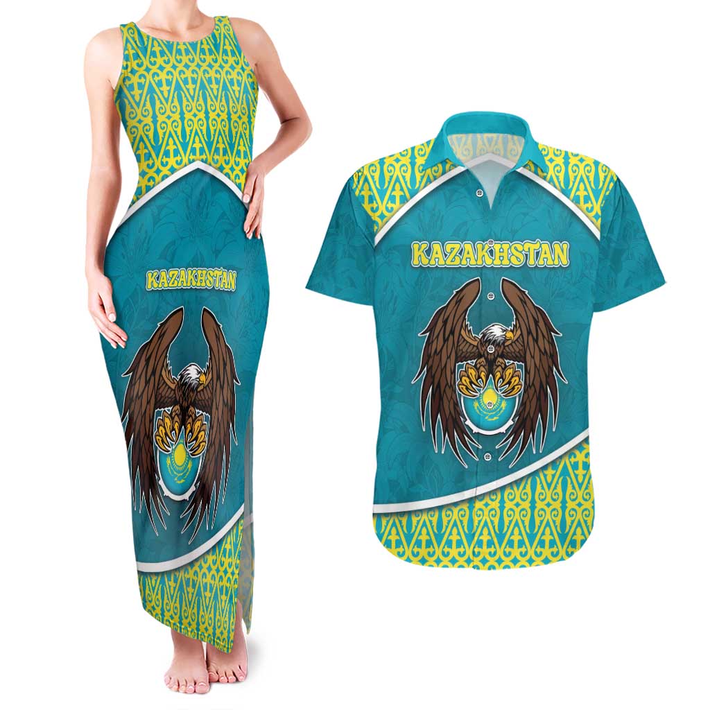 Personalized Kazakhstan Couples Matching Tank Maxi Dress and Hawaiian Shirt The Eagle With Kazakh Patterns - Wonder Print Shop