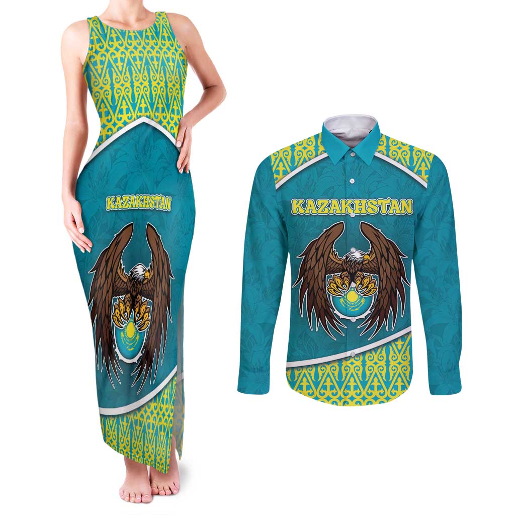 Personalized Kazakhstan Couples Matching Tank Maxi Dress and Long Sleeve Button Shirt The Eagle With Kazakh Patterns - Wonder Print Shop