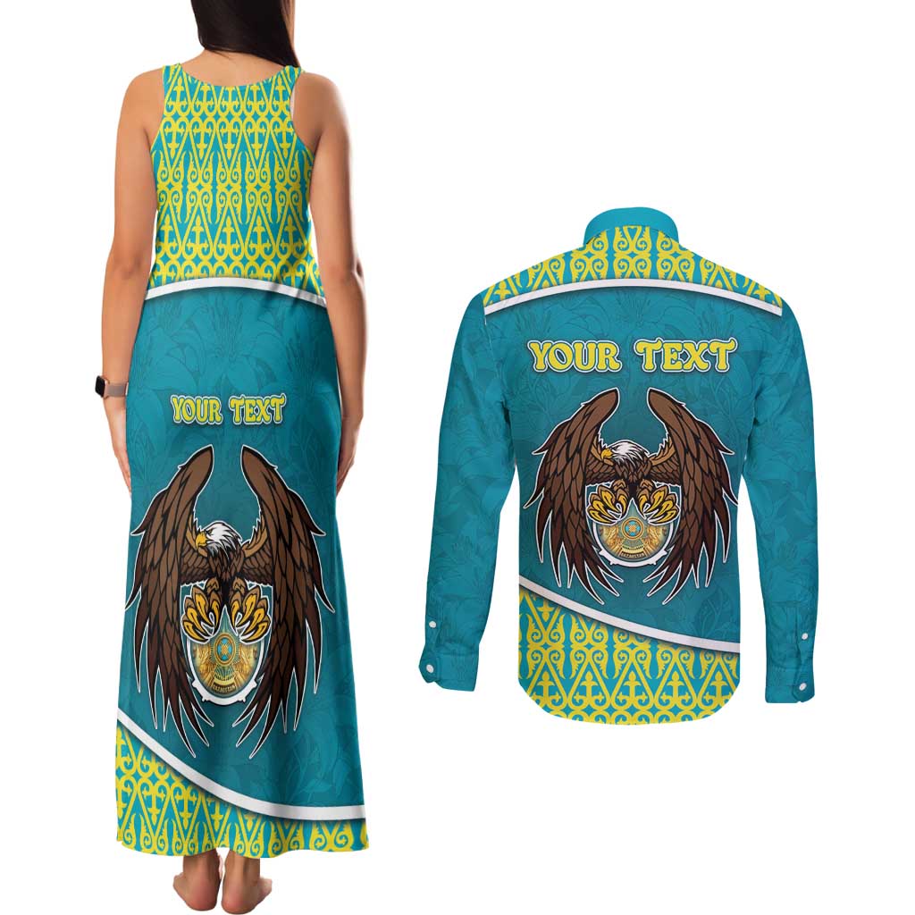 Personalized Kazakhstan Couples Matching Tank Maxi Dress and Long Sleeve Button Shirt The Eagle With Kazakh Patterns - Wonder Print Shop