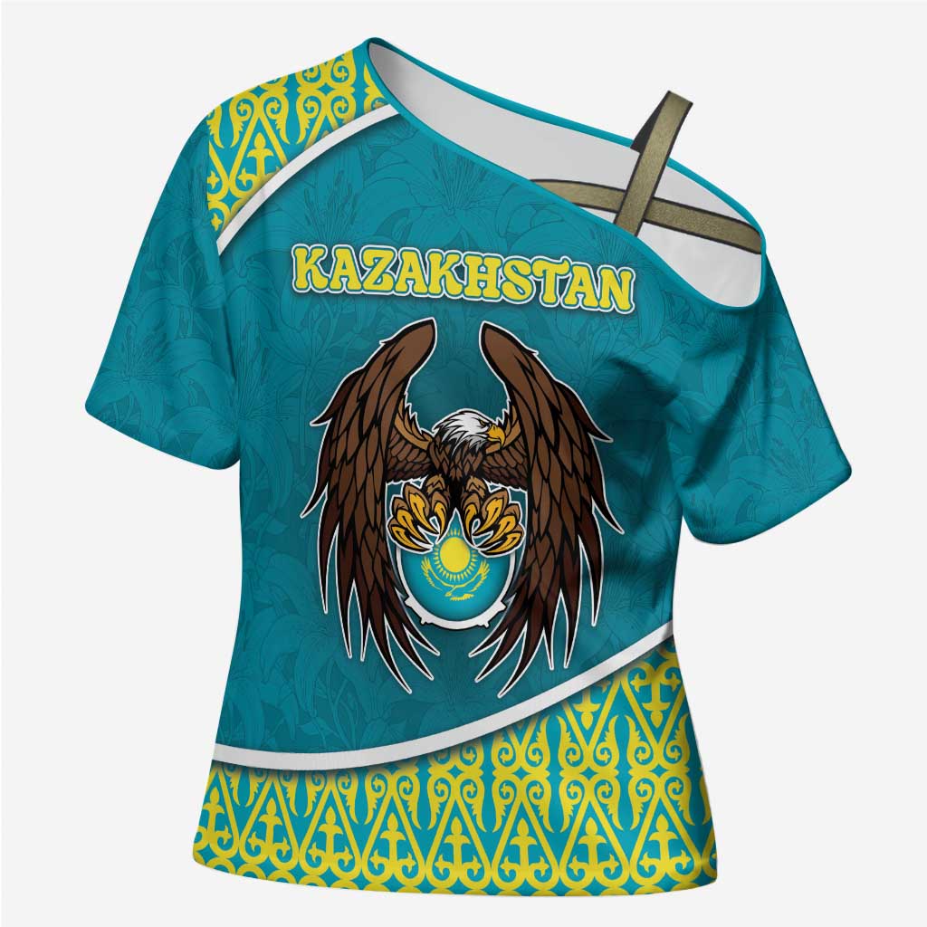 Personalized Kazakhstan Cross Shoulder Shirt The Eagle With Kazakh Patterns - Wonder Print Shop
