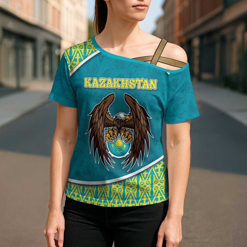 Personalized Kazakhstan Cross Shoulder Shirt The Eagle With Kazakh Patterns - Wonder Print Shop