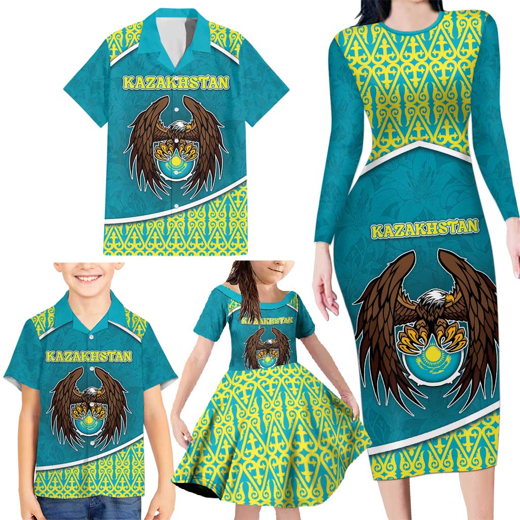 Personalized Kazakhstan Family Matching Long Sleeve Bodycon Dress and Hawaiian Shirt The Eagle With Kazakh Patterns - Wonder Print Shop