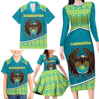 Personalized Kazakhstan Family Matching Long Sleeve Bodycon Dress and Hawaiian Shirt The Eagle With Kazakh Patterns - Wonder Print Shop
