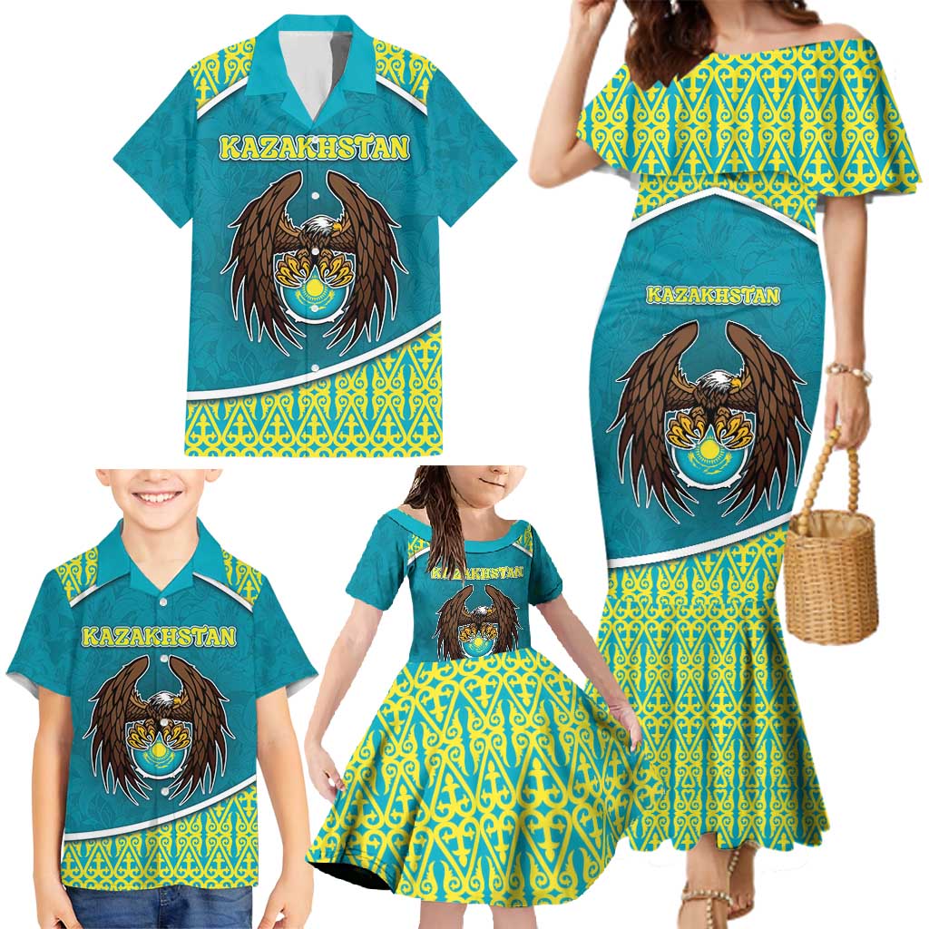 Personalized Kazakhstan Family Matching Mermaid Dress and Hawaiian Shirt The Eagle With Kazakh Patterns - Wonder Print Shop