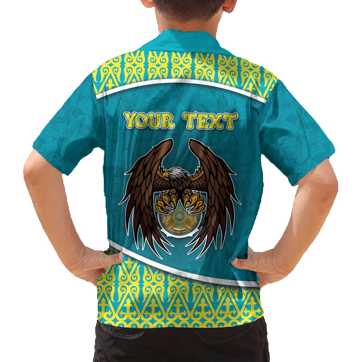 Personalized Kazakhstan Family Matching Off The Shoulder Long Sleeve Dress and Hawaiian Shirt The Eagle With Kazakh Patterns - Wonder Print Shop