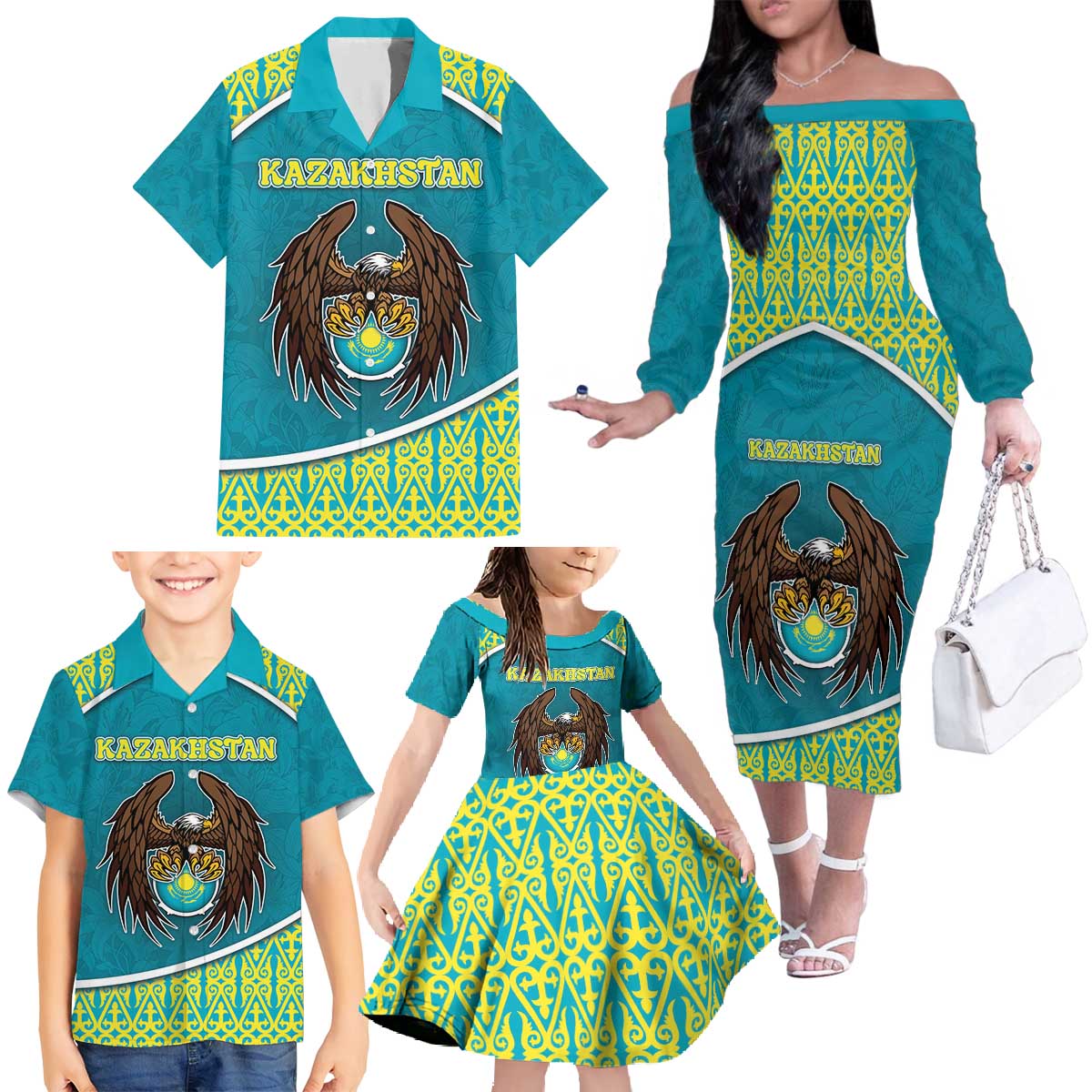 Personalized Kazakhstan Family Matching Off The Shoulder Long Sleeve Dress and Hawaiian Shirt The Eagle With Kazakh Patterns - Wonder Print Shop