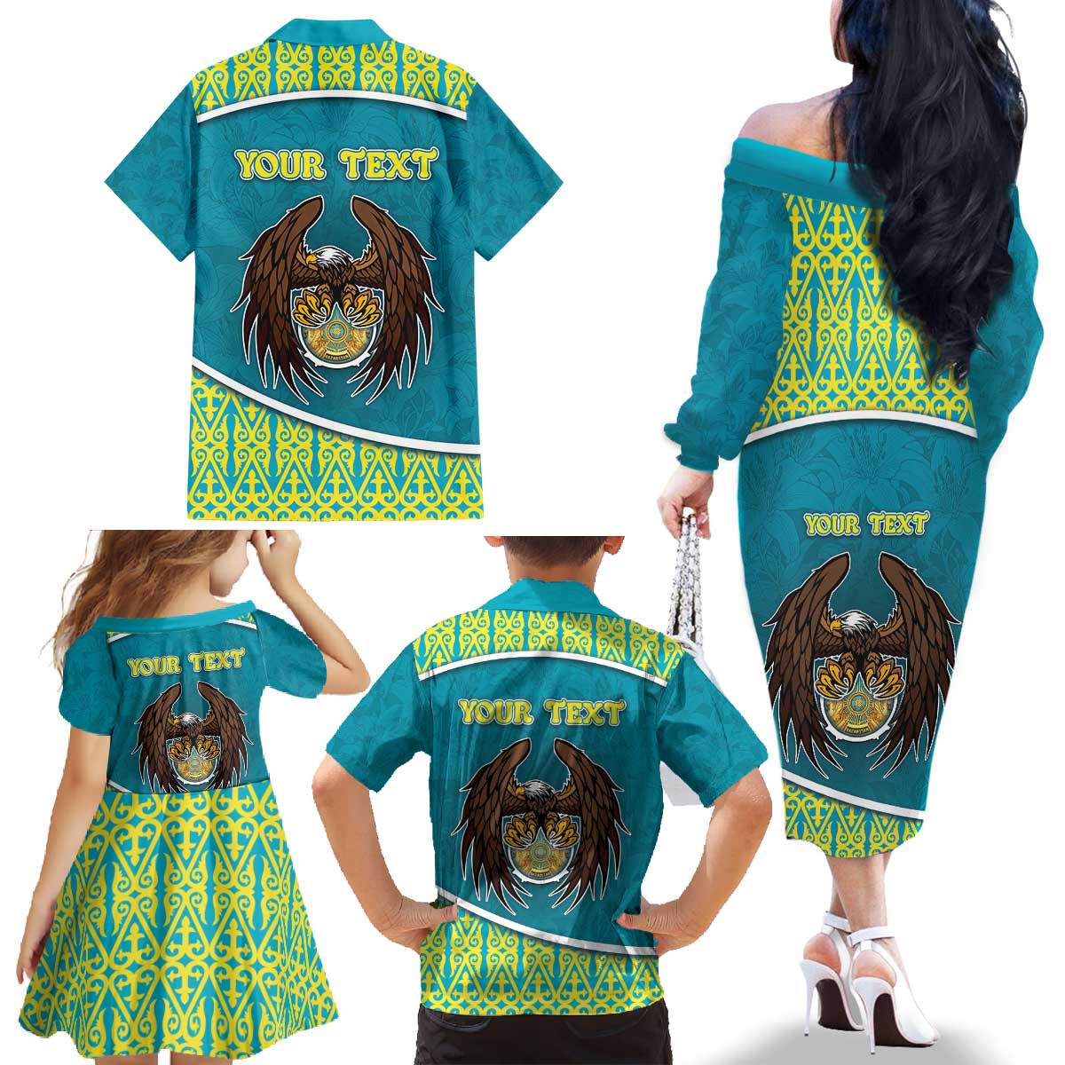 Personalized Kazakhstan Family Matching Off The Shoulder Long Sleeve Dress and Hawaiian Shirt The Eagle With Kazakh Patterns - Wonder Print Shop