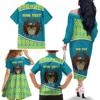 Personalized Kazakhstan Family Matching Off The Shoulder Long Sleeve Dress and Hawaiian Shirt The Eagle With Kazakh Patterns - Wonder Print Shop
