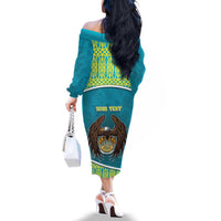 Personalized Kazakhstan Family Matching Off The Shoulder Long Sleeve Dress and Hawaiian Shirt The Eagle With Kazakh Patterns - Wonder Print Shop