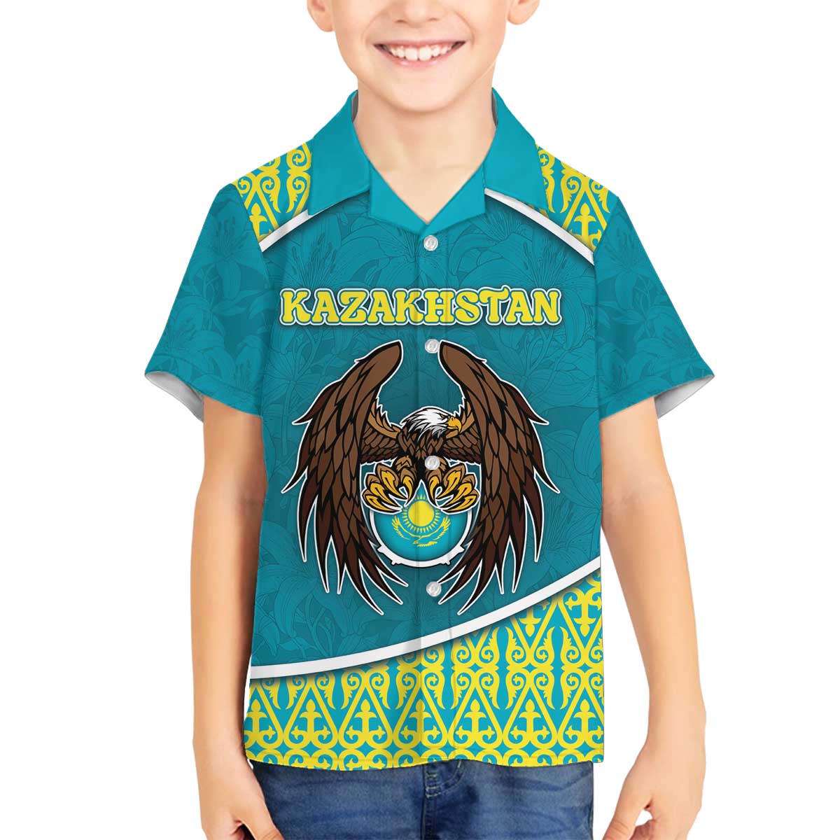Personalized Kazakhstan Family Matching Off The Shoulder Long Sleeve Dress and Hawaiian Shirt The Eagle With Kazakh Patterns - Wonder Print Shop