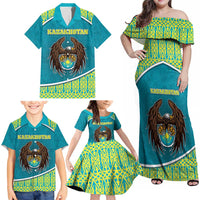 Personalized Kazakhstan Family Matching Off Shoulder Maxi Dress and Hawaiian Shirt The Eagle With Kazakh Patterns - Wonder Print Shop